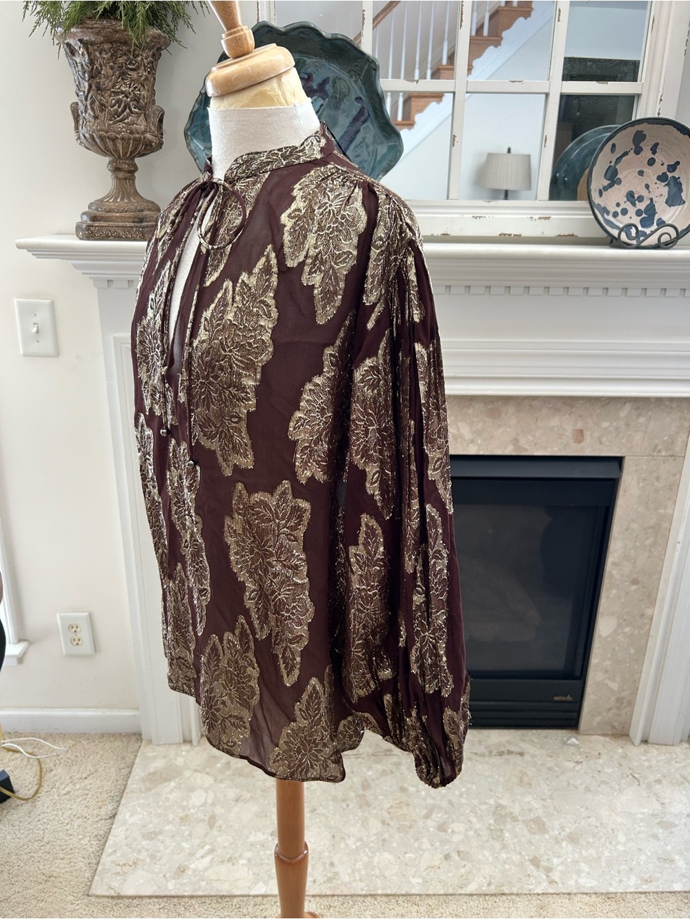 Zara Chocolate Brown Blouse with Gold Metallic Leaf Motif - Picture 5 of 9